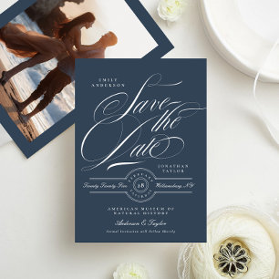 Klassiek Navyblauw Elegante Calligrafie Foto Achte Save The Date