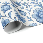 Klassiek Nederlands Delfts Blauw Bloemen Kunstpatr Cadeaupapier (Rol Hoek)
