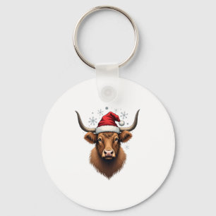 Klassiek ontwerp van Highland-koe met Kerstman H Sleutelhanger