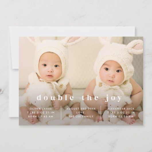 Klassiek ontwerp van tweens Baby geboortebekendmak Kaart (Voorkant)