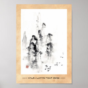 Klassiek oriëntaals Chinees sumi-e inkt berglandsc Poster