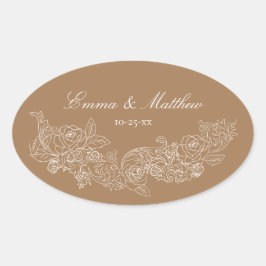 Klassiek ornament goudbruin trouwlogo ovale sticker