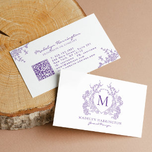 Klassiek Paarse Bloemenkroon Monogram QR Code Visitekaartje