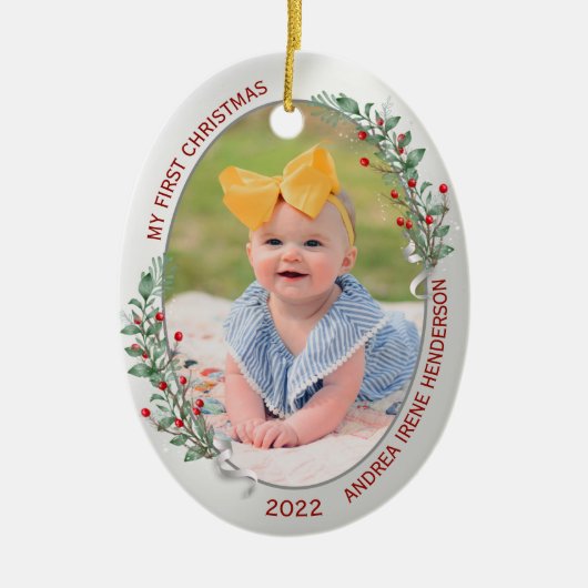 Klassiek pasgeboren eerste kerstPlant Silver Lijst Keramisch Ornament (Voorkant)