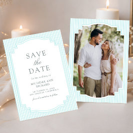 Klassiek Pastelblauw Gestreepte Foto Bruiloft Save The Date