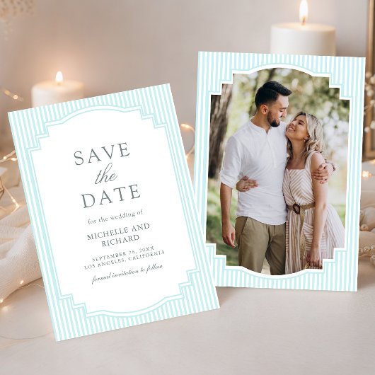 Klassiek Pastelblauw Gestreepte Foto Bruiloft Save The Date