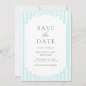 Klassiek Pastelblauw Gestreepte Foto Bruiloft Save The Date (Voorkant)
