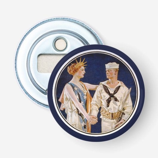 Klassiek Patriottisme, Lady Liberty met zeeman van Button Flesopener (Voorkant)