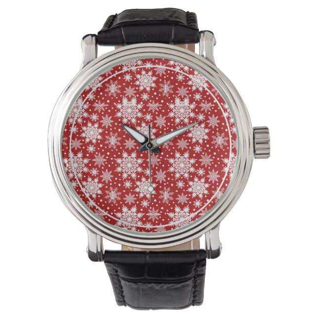 Klassiek patroon rood/wit Snowflake Horloge (Voorkant)