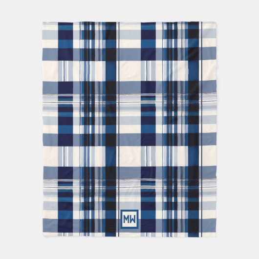 Klassiek plaid, blauw en wit monogram fleece deken (Voorkant)