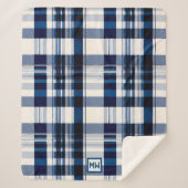 Klassiek plaid, blauw en wit monogram sherpa deken (Voorkant)