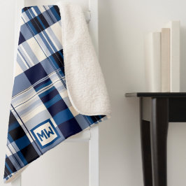 Klassiek plaid, blauw en wit monogram sherpa deken