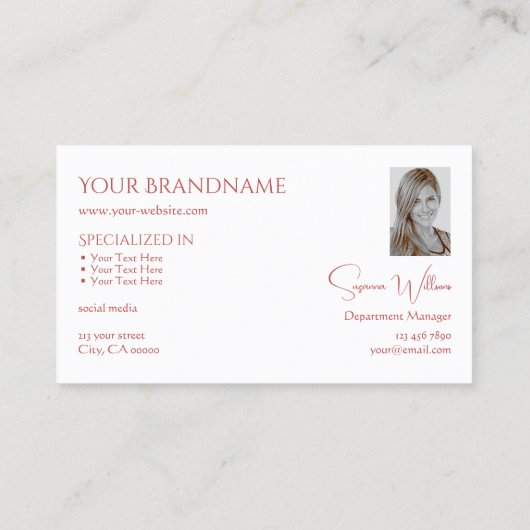 Klassiek Plain White Red met monogram en foto Visitekaartje (Achterkant)