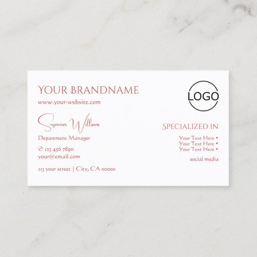 Klassiek Plain White Red met monogram en Logo Visitekaartje (Achterkant)