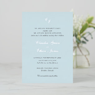 Klassiek Poederblauw Monogram Elegante Trouw Folie Uitnodiging