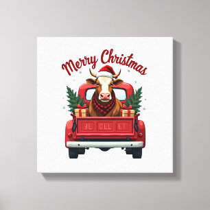 Klassiek Prettig Kerstmis Hoogland Koe Rode Truck Canvas Afdruk