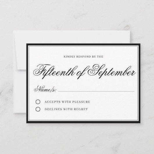 Klassiek Regal Black Elegant Script Minimalist RSVP Kaartje (Voorkant)