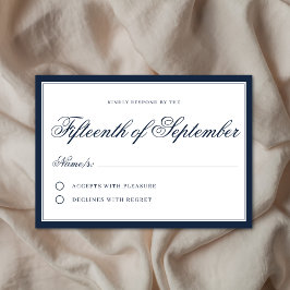 Klassiek Regal Navy Blue Elegant Script minimalist RSVP Kaartje