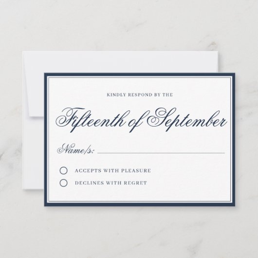 Klassiek Regal Navy Blue Elegant Script minimalist RSVP Kaartje (Voorkant)