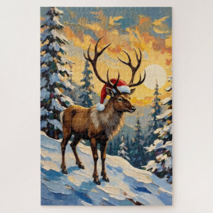 Klassiek rendier met kerstmuts in besneeuwd bos legpuzzel