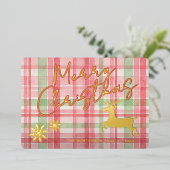 Klassiek rendier op roze rood licht groen geplakt  folie feestdagenkaart (Staand Voorkant)