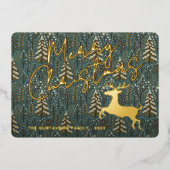 Klassiek rendier op winterse bosbomen goud folie feestdagenkaart (Voorkant)