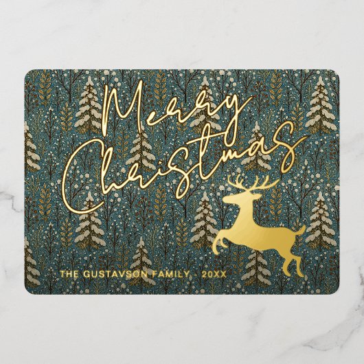 Klassiek rendier op winterse bosbomen goud folie feestdagenkaart (Voorkant)