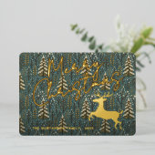 Klassiek rendier op winterse bosbomen goud folie feestdagenkaart (Staand Voorkant)