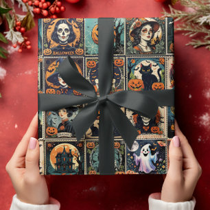 Klassiek Retro Pompoen Heks Halloween Patroon Cadeaupapier