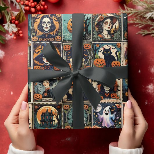 Klassiek Retro Pompoen Heks Halloween Patroon Cadeaupapier