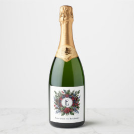 Klassiek rijke geruite monogram Kerstmis Holiday Sparkling Wijnetiket
