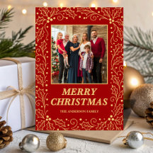 Klassiek Rode & Antieke-Gouden Familie Foto Kerstm