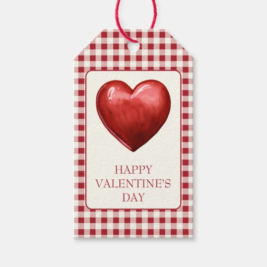 Klassiek rode en crèmekleurige gingham met hart cadeaulabel (Voorkant)