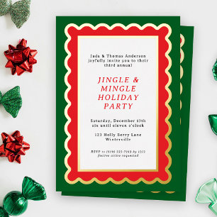 Klassiek Rode en Groene Eenvoudige Scalloped Kerst Folie Uitnodiging