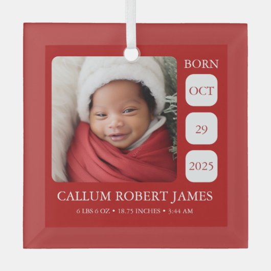 Klassiek Rode Glas Baby Geboorte Stats Ornament (Voorkant)