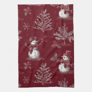 Klassiek rode toile kerst botanisch - Sneeuwman Theedoek