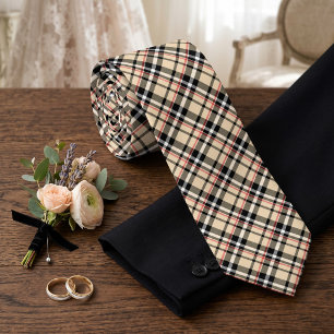 Klassiek rood beige zwart wit tartan ruitpatroon stropdas