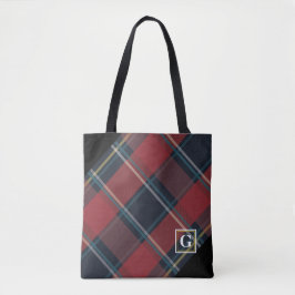 Klassiek rood, blauw en zwart geruite monogram tote bag