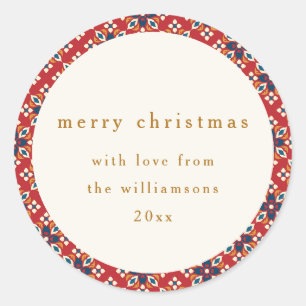 Klassiek Rood Blauw Geometrisch Kerstfeest Ronde Sticker