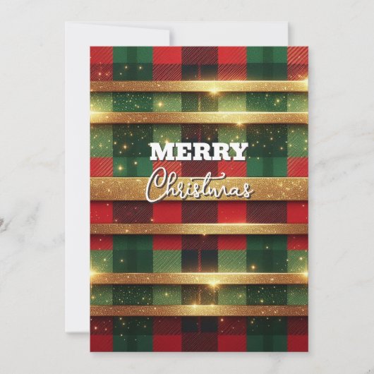Klassiek rood en groen geruit glinsterende gouden feestdagenkaart (Voorkant)