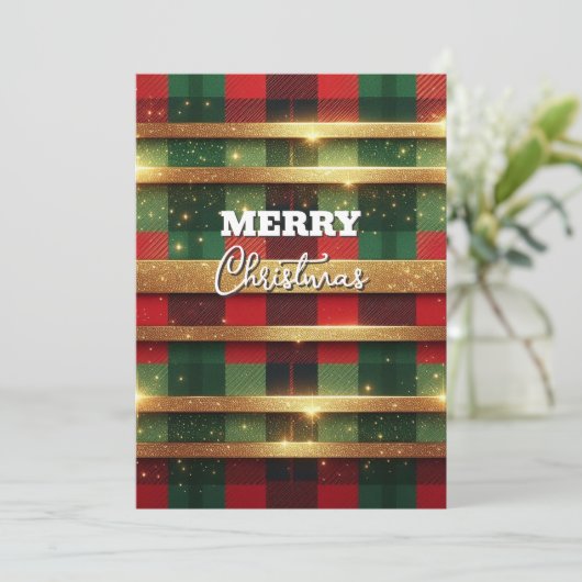 Klassiek rood en groen geruit glinsterende gouden  feestdagenkaart (Staand voorkant)