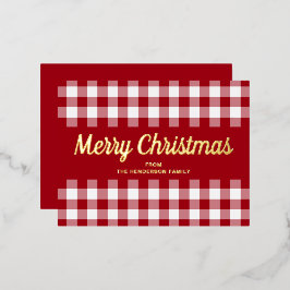 Klassiek rood geruit kerstgoud folie feestdagen briefkaart