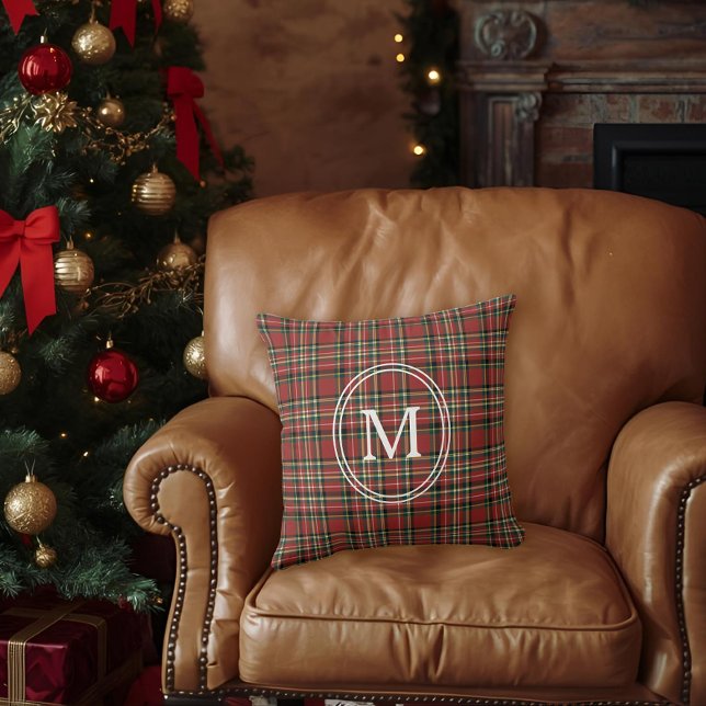 Klassiek rood geruit monogram kerstfeest kussen (Creator heeft geüpload)
