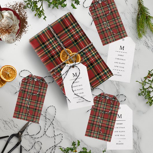 Klassiek Rood Geruit Monogram Vrolijk Kerstmis Vak Cadeaulabel