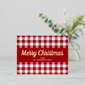 Klassiek Rood Gingham Kerst Script Goud Folie Feestdagen Briefkaart (Staand Voorkant)