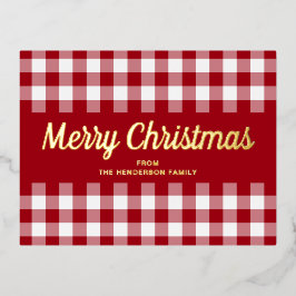 Klassiek Rood Gingham Kerst Script Goud Folie Feestdagen Briefkaart