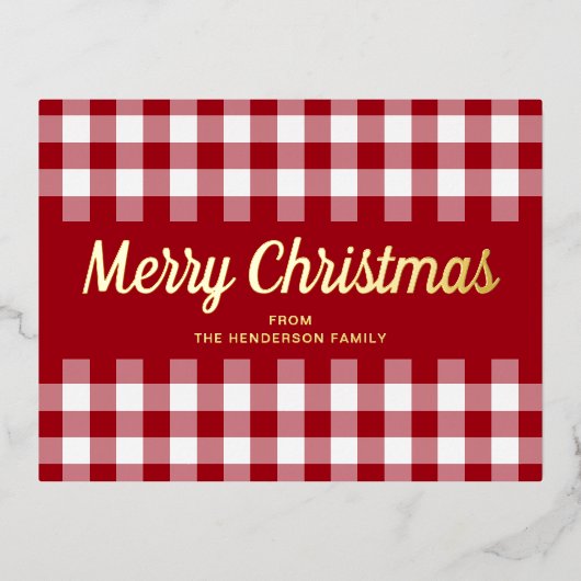 Klassiek Rood Gingham Kerst Script Goud Folie Feestdagen Briefkaart (Voorkant)