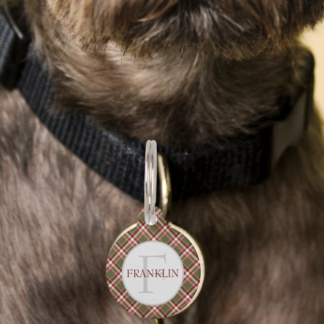 Klassiek rood-groen geruit monogram huisdierpenning (Classic Red Green Plaid Monogram Pet ID Tag)
