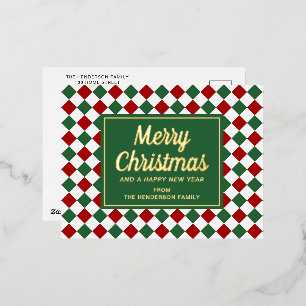 Klassiek Rood Groen Geruit Vrolijk Kerstmis Goud Folie Feestdagen Briefkaart