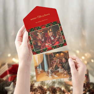 Klassiek rood, groen, goud kerst geruit 1-foto all in one uitnodiging